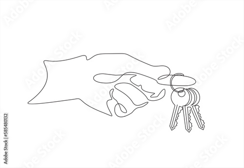 Continuous line drawing. The hand holds the key. Lines black on white background.