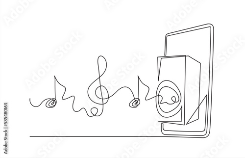 Continuous one line drawing of smartphone with music column, treble clef and notes  inside as line drawing on white background. 
