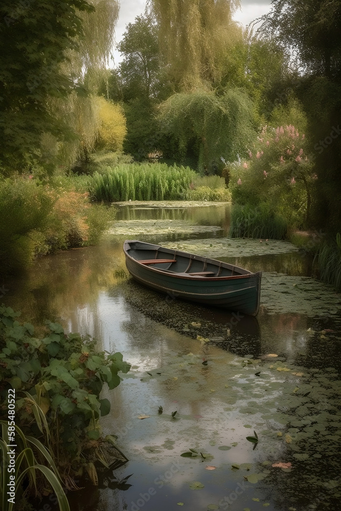 Old wooden boat in a swampy lake, Created With generative AI Old wooden boat in a swampy lake, Created With generative AI