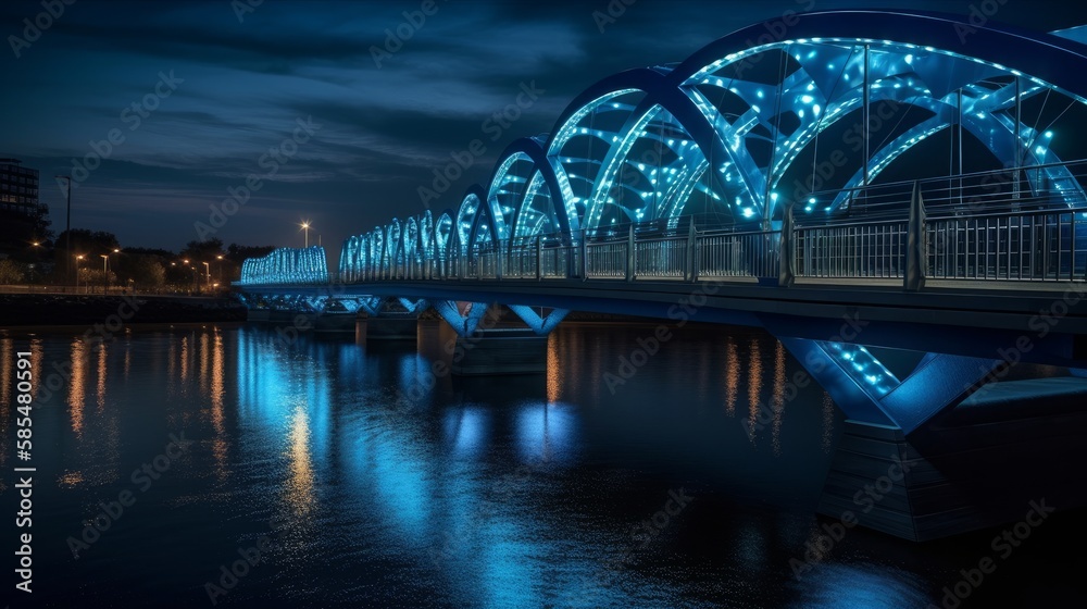 modern bridge at night with blue lights - created by generative AI