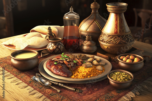 Arabic food on the table. Generative AI. photo