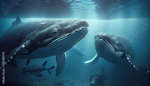 Seascape Under Water Shot of Whale Group in The Open Sea AI Generative