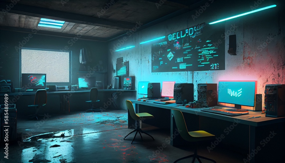 Design a cyberpunk-themed tech lab with neon signage, holographic displays, and a grungy concrete floor. Design a cyberpunk-themed tech lab with neon signage, holographic displays, and a grungy concrete floor.