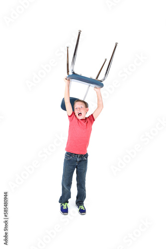 Wild Boy holding a chair over his head while yelling photo