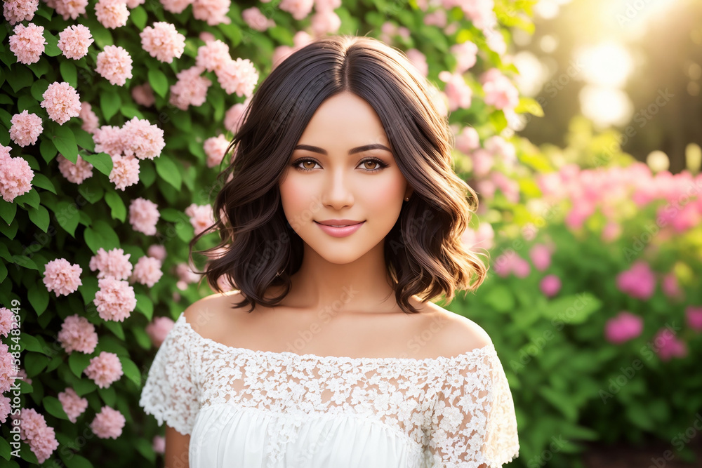 Happy woman with beautiful hair on the background of a blooming garden. Generative AI. Happy woman with beautiful hair on the background of a blooming garden. Generative AI.