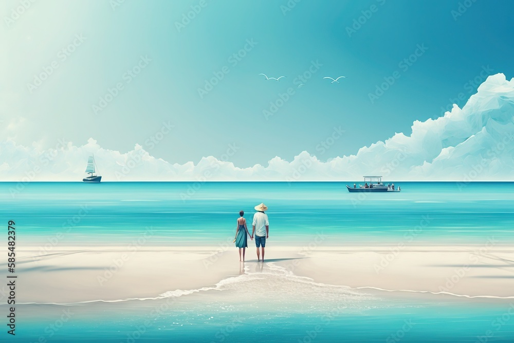 Elegant image of blue water and beach With couple, This visual is fitting for your projects with Generative AI technology