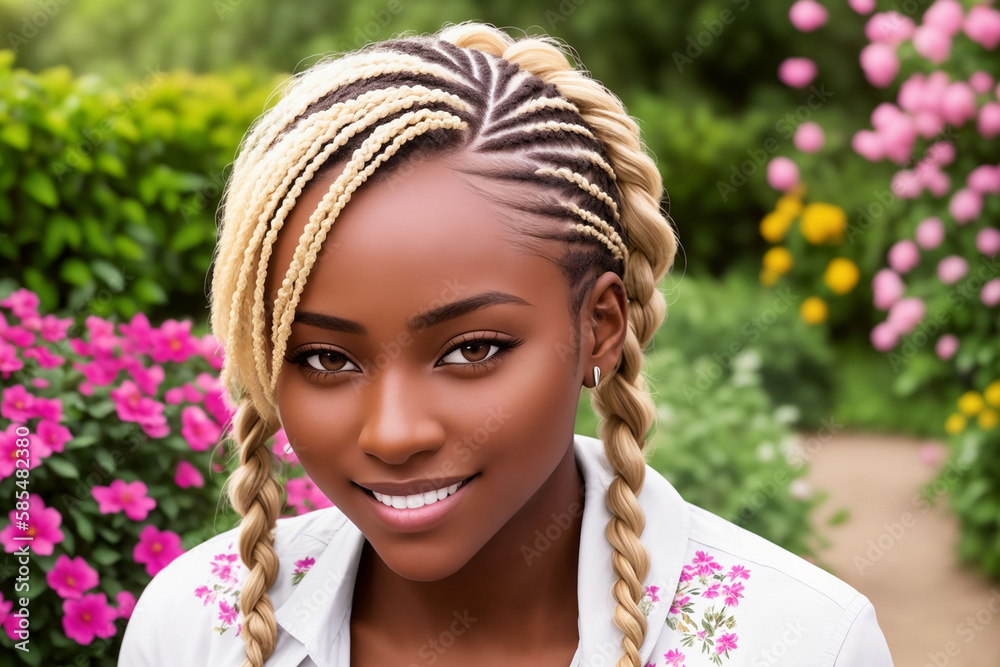 Obraz premium Happy woman with beautiful hair on the background of a blooming garden. Generative AI.