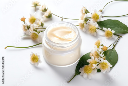 Clear mockup herbal dermatology cosmetic hygienic cream with flower  white background. AI Generated Art.