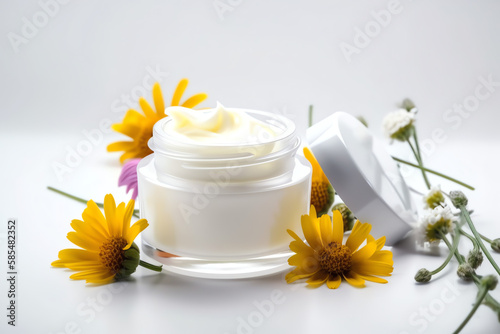 Clear mockup herbal dermatology cosmetic hygienic cream with flower, white background. AI Generated Art.