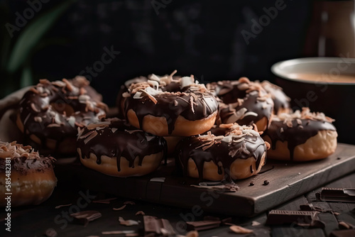 Fresh Donuts with chocolate glaze and coconut shreds on the table Generative AI