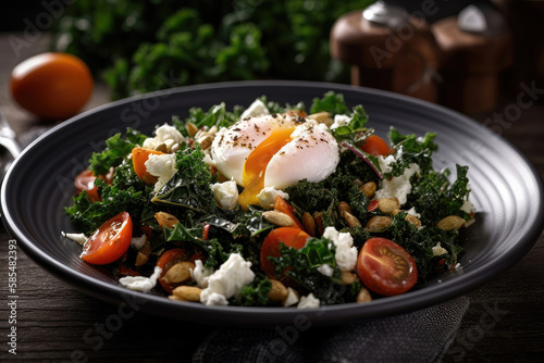 Fresh Kale salad with tomato, feta and poached eggs on the table Generative AI