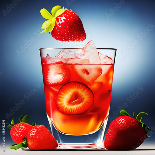 amazing summer strawberry cocktail isolated created image by ai.fresh fruit falling in water glass splashing drops teasy delicious beverage.hot warm summer days refreshing drink mockup advertising  photo