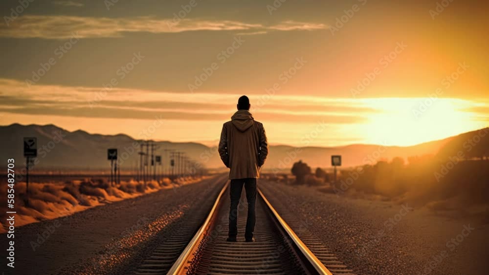 The sunset view of the man standing on the tracks from an video animation canvas AI generated The sunset view of the man standing on the tracks from an video animation canvas AI generated