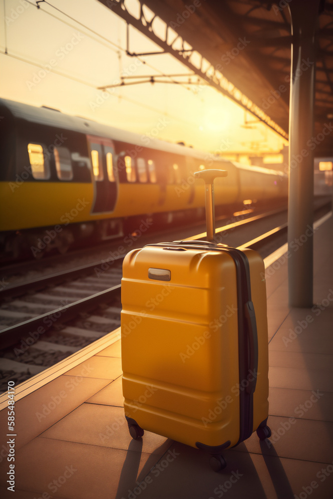 Yellow suitcase into the train station with a train blurred in the background at sunset. Generative AI.