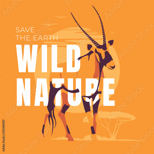 Oryx Gazelle are standing on an orange background. African wildlife poster. Preservation of natural ecology. Vector flat illustration