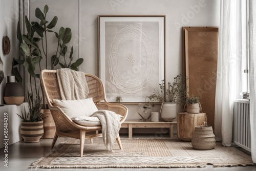 mock up poster frame in scandi bohemian living room with white armchair and wooden furnishings. Generative AI © AkuAku