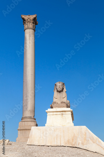 Ancient Egyptian Sphinx statue with Pompeys Pillar on a background