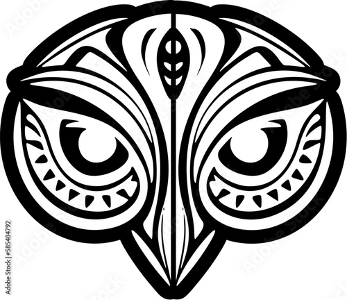 ﻿A black and white owl-faced tattoo adorned with Polynesian designs.