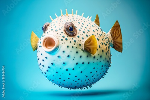 Balloon-like puffer fish with sharp spikes on blue background, created with generative ai