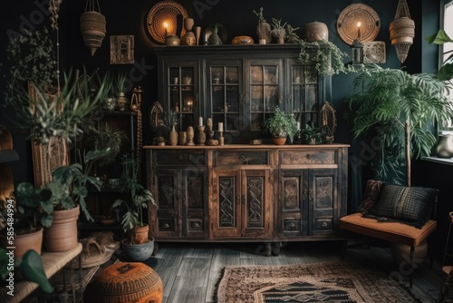 Vertical image of black old cabinet with antiques and several potted green plants in bright boho room with wooden furnishings. Bohemian decor. Generative AI