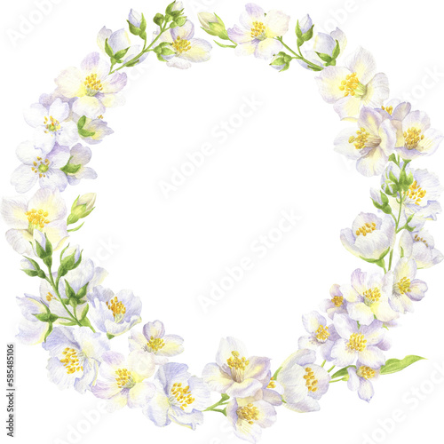 watercolor illustration, wreath with flowers of jasmine