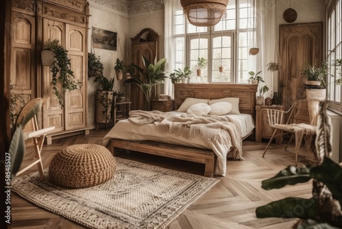 White and beige bohemian wooden bedroom. Bed, chair, and plants. Shutters. Vintage farmhouse decor,. Generative AI