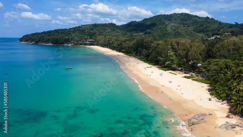 Aerial view of Nai Thon beach, Phuket, Thailand. Beautiful view from above. Turquoise waters of Andaman Sea on sunny day, Southeast Asia. 
