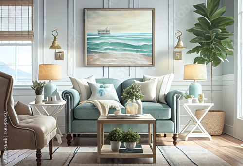 Interior design of a beach-inspired living room that feels relaxed and breezy using light colors, natural textures, and coastal-inspired decor to create a space like a vacation getaway | Generative AI