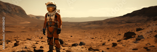 Exploring the Unknown: Astronaut Surveying the Horizons of Mars. Generative AI. photo