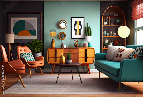 Interior design of a mid-century modern living room that is both stylish and functional using retro-inspired furniture pieces to create a space that feels nostalgic and contemporary   Generative AI © DesignDynasty