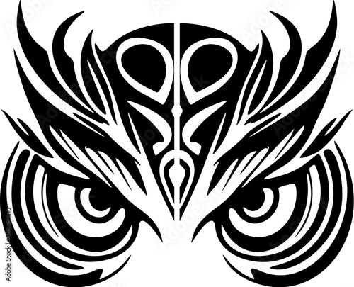 ﻿Face of an owl-black & white tattoo featuring Polynesian patterns.