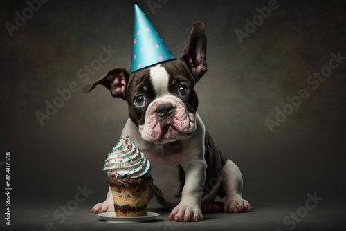 Dog birthday party. Funny cute dog wearing birthday silly hat. © Tixel