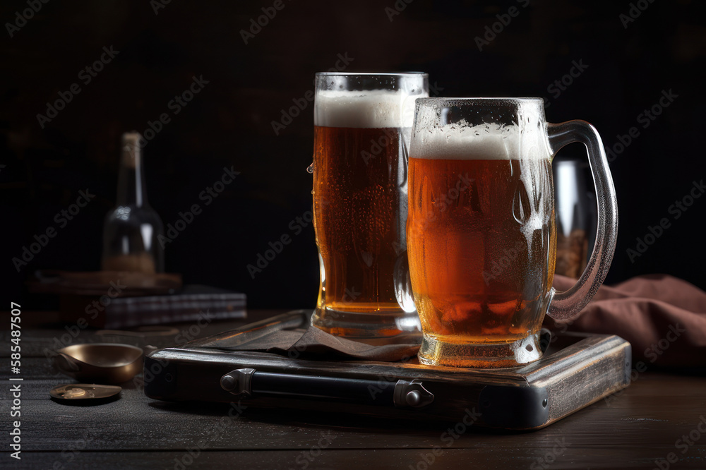  glassed of beer on wooden stone generative ai