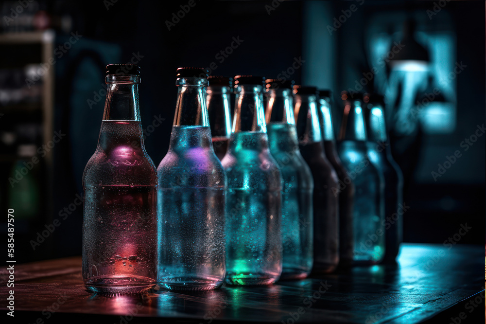  Very cold mineral water with ice in a misted glass bottles on the bar in the nightclub on wooden table generative ai