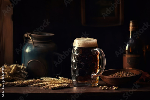  glassed of beer on wooden stone generative ai