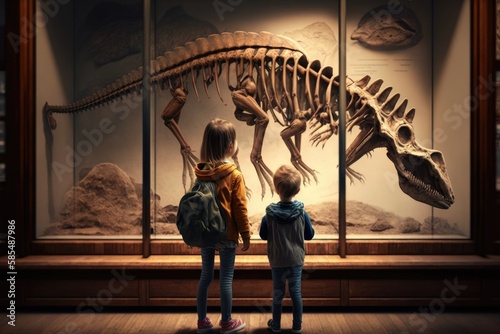 Family visiting history museum and looking at dinosaur bone structure © Tixel