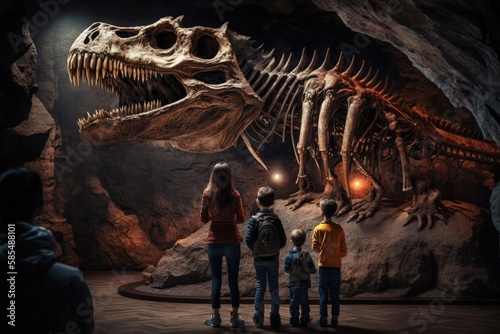 Children visiting dinosaur museum and looking at the dinosaur bone structure © Tixel