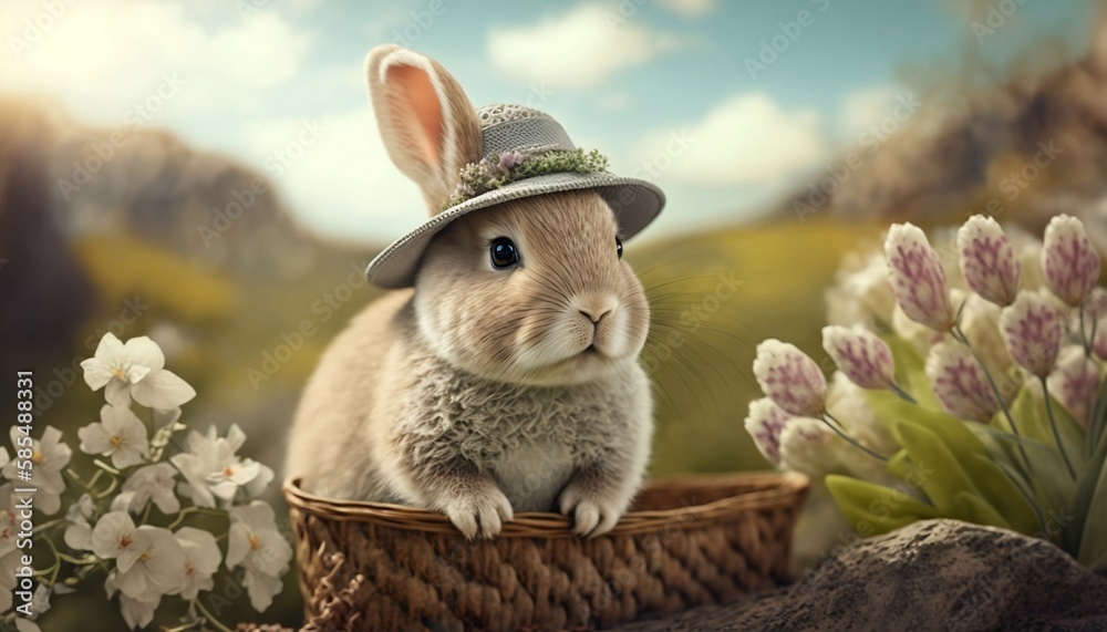 An adorable Easter bunny wearing a hat sitting in a basket. Generative AI. 