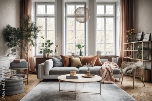 Lovely floral arrangement in contemporary boho living room of comfortable apartment with huge window. Gray couch, gold coffee table. Interior design. Generative AI © AkuAku