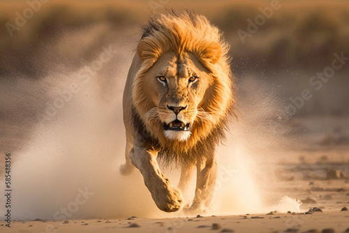The lion dashes through the blistering heat of the desert  its sleek body effortlessly gliding over the shifting sands. Generative Ai