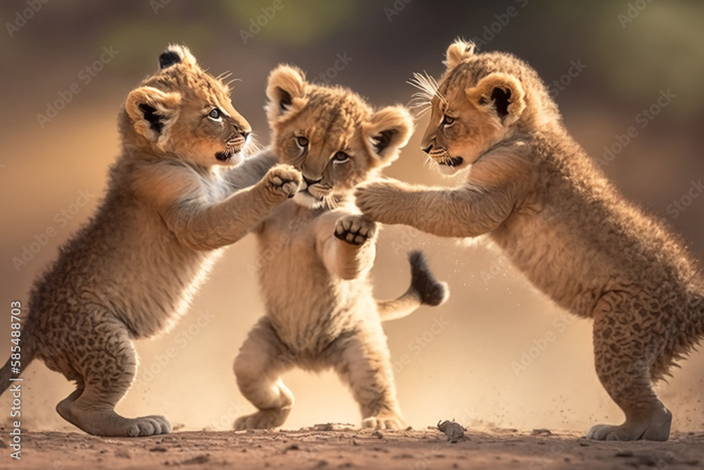 Obraz premium As the lion cubs play together, their soft, fluffy fur bounces with each energetic movement, and their adorable antics bring joy to all who witness them. Generative Ai
