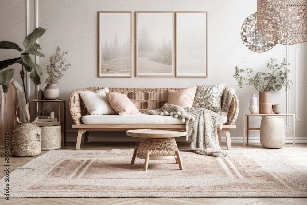 Scandi Boho room mockup, soft pastel hues. Generative AI Scandi Boho room mockup, soft pastel hues. Generative AI