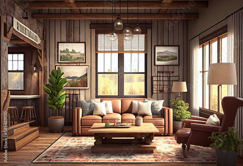 Interior design of a rustic living room that feels warm and inviting in natural materials  warm colors  and vintage-inspired decor to create a space that feels cozy and welcoming   Generative AI