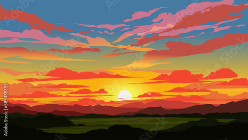 Vector illustration of colorful sunset with mountains and meadow