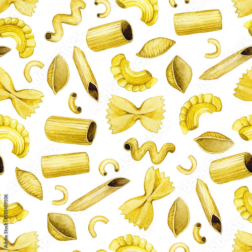 seamless pattern with types of pasta, print. cute vintage illustration on white background, pasta, italian food. cuisines of the world