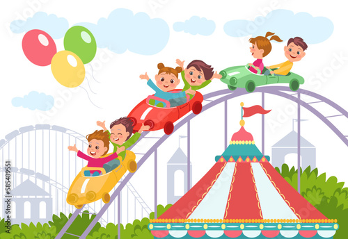 Cute children on Russian roller coaster. Smiling boys and boys ride in amusement park. Attraction cars. Fun entertainment. Funpark carousel. Summer outdoor leisure. Splendid vector concept