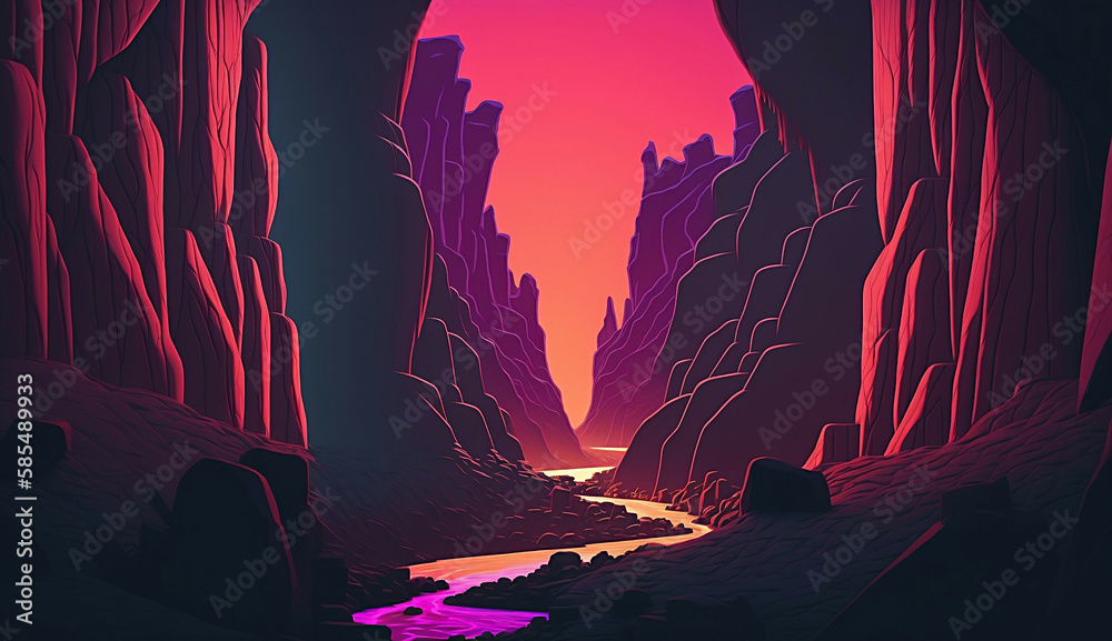 Fototapeta premium beautiful retro neon landscape view mountains night new quality stock image nature illustration desktop wallpaper design, Generative AI
