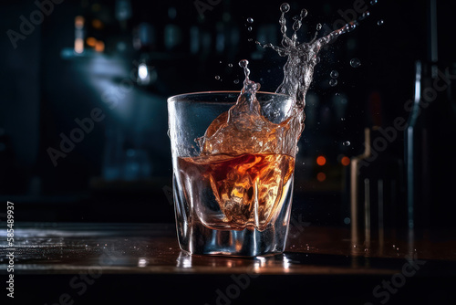  beautifulice cube falling into splashing cocktail on smoky background bright on the bar generative ai