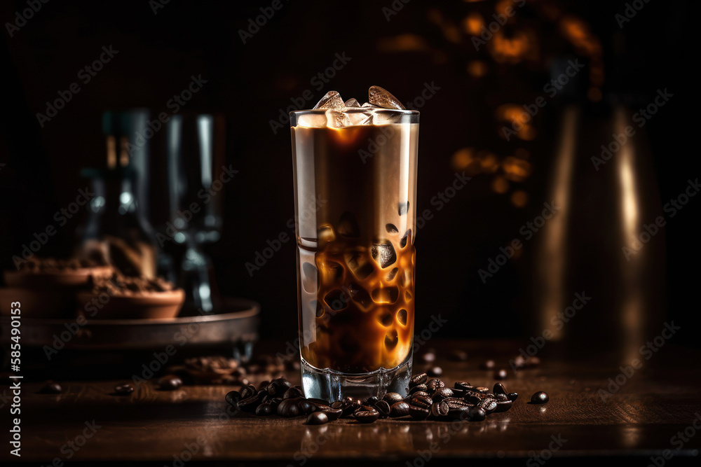Ice coffee in a tall glass with cream poured over and coffee beans on the bar generative ai Ice coffee in a tall glass with cream poured over and coffee beans on the bar generative ai