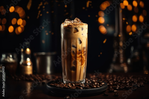  Ice coffee in a tall glass with cream poured over and coffee beans on the bar generative ai